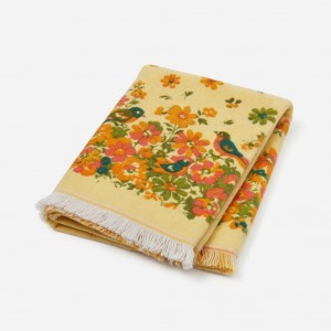 Vintage Stevens Utica 70s Bath Towel Yellow Floral Bird Fringe Retro Cotton