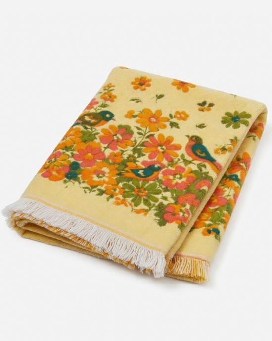Vintage Stevens Utica 70s Bath Towel Yellow Floral Bird Fringe Retro Cotton