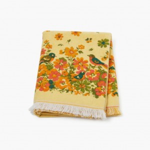 Vintage Stevens Utica 70s Bath Towel Yellow Floral Bird Fringe Retro Cotton