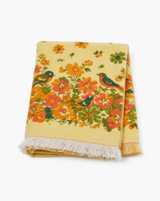 Vintage Stevens Utica 70s Bath Towel Yellow Floral Bird Fringe Retro Cotton