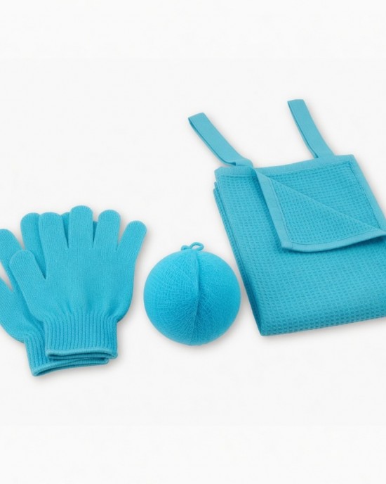 1 Set 3Pcs Shower Gloves Bath Ball Back Rub Towel 3-Piece Shower Kit (Cyan)