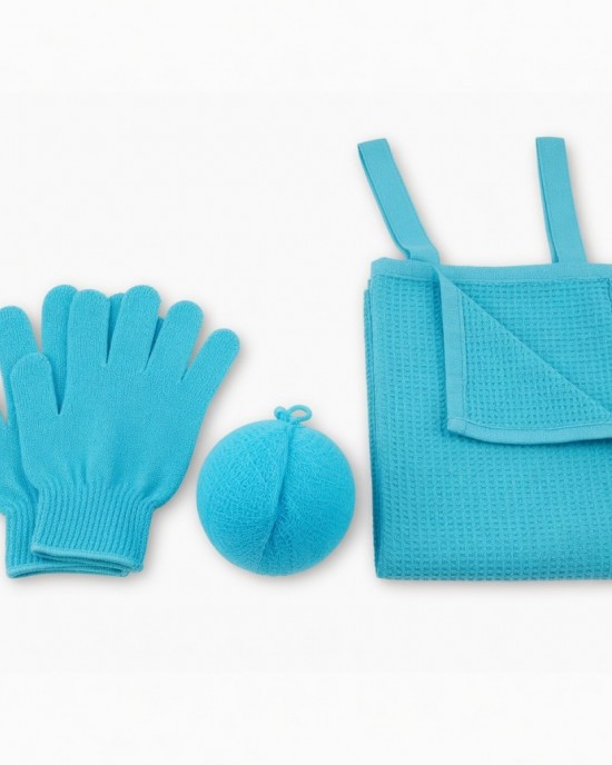 1 Set 3Pcs Shower Gloves Bath Ball Back Rub Towel 3-Piece Shower Kit (Cyan)